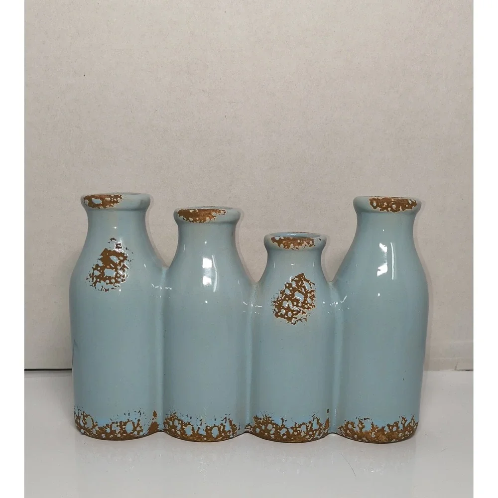 Connected Ceramic Bud Vase Set Aqua Blue & Brown Distressed Finish Shabby‎ Chic